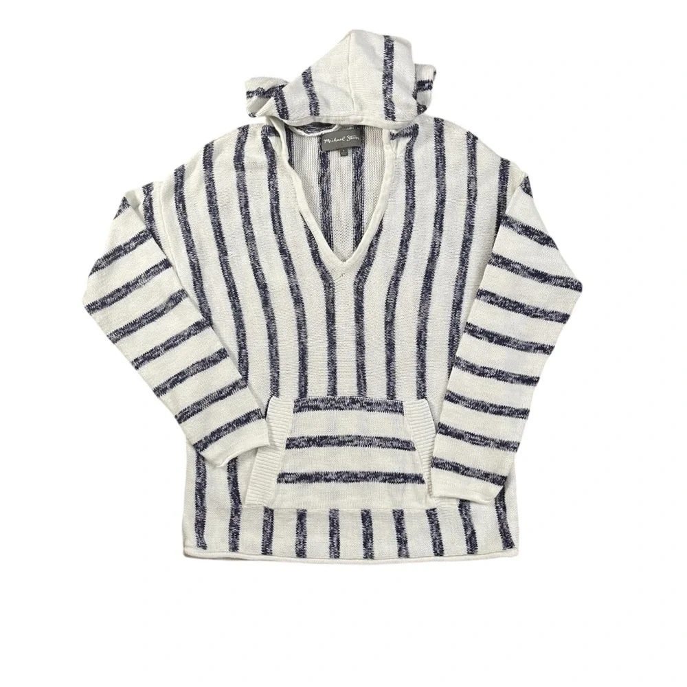 Michael Stars Baja Hoodie Sweater Wht Navy Stripe Kangaroo Pocket Beach Pullover - Picture 7 of 11
